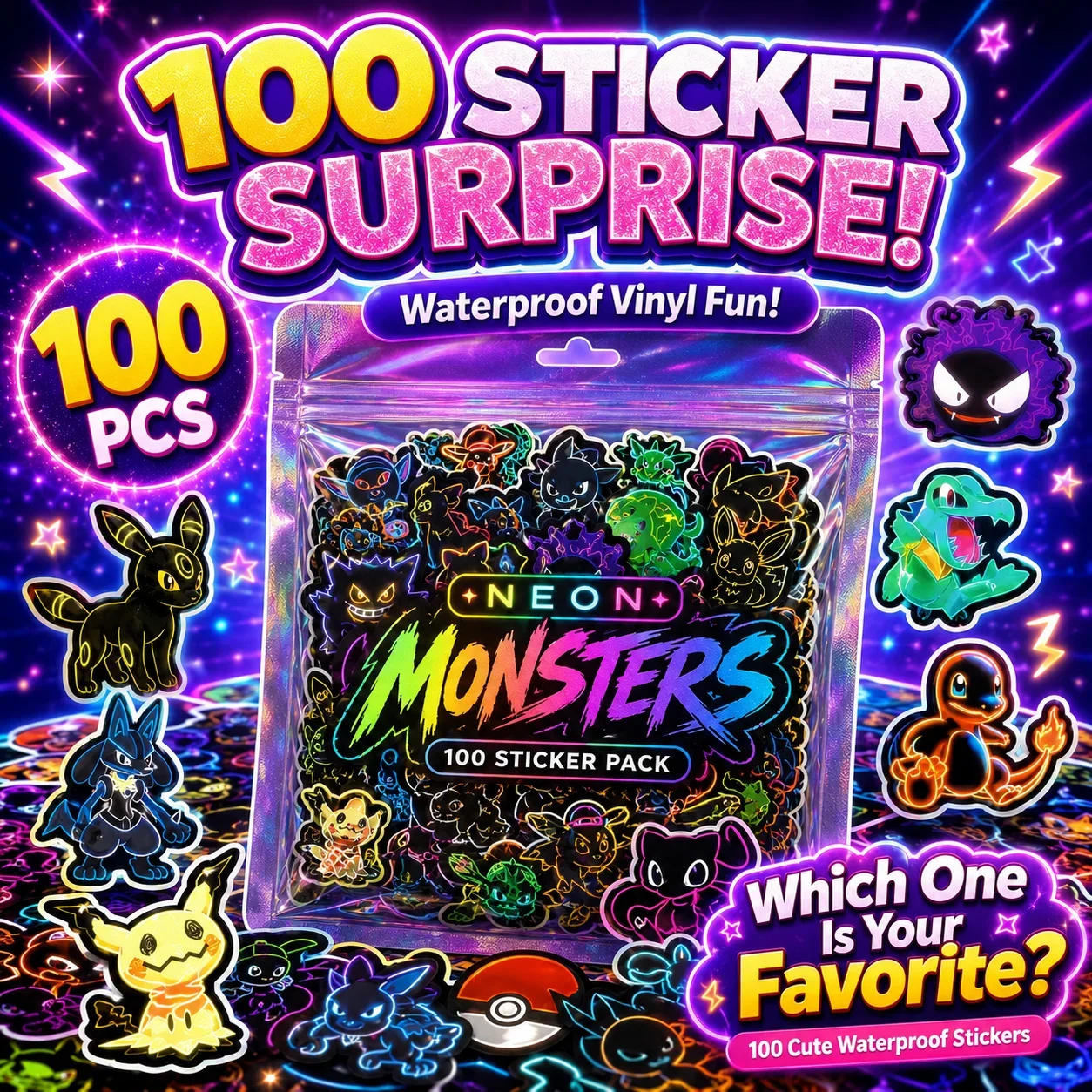 Handbags - 100 buah stiker Pokémon neon, tahan
